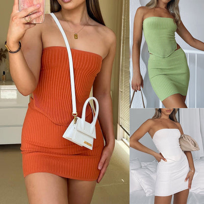 Women's Two-Piece Set - Strapless Ribbed Crop Top & Mini Skirt - Form-Fitting Elegant Look