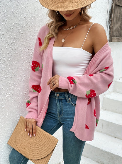 Strawberry print open-front cardigan with long sleeves and ribbed edges for women