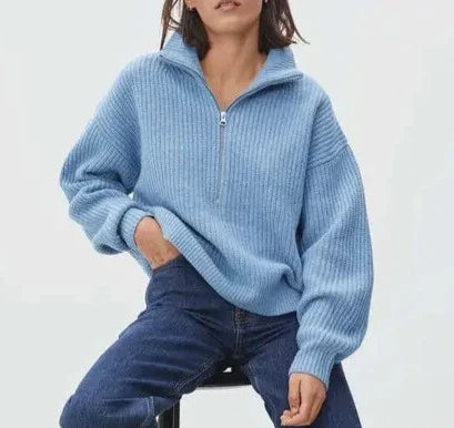 Women's half zip turn-down collar pullover sweater