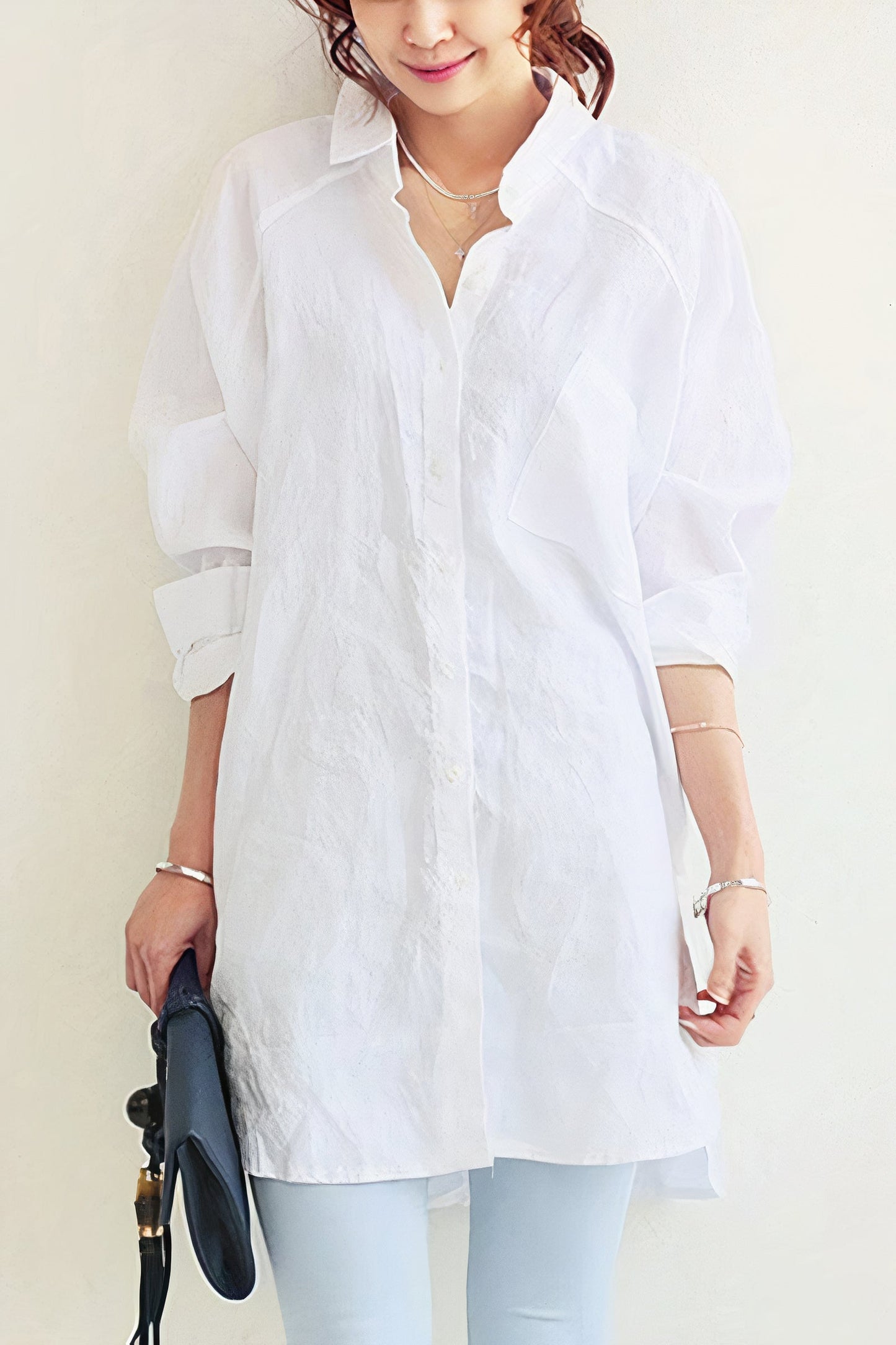 Women's Oversized Button-Down Shirt - Long Sleeve - Relaxed Fit - Mid-Thigh Length