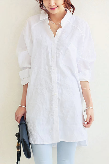 Women's Oversized Button-Down Shirt - Long Sleeve - Relaxed Fit - Mid-Thigh Length