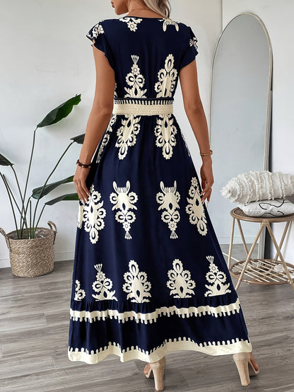 Women's Maxi Dress - V-Neck - Cap Sleeve - Smocked Waist - Flowy Elegant Fit
