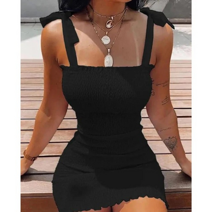 Women's Mini Dress - Floral Print - Smocked Bodice - Adjustable Tie Straps - Bodycon Fit