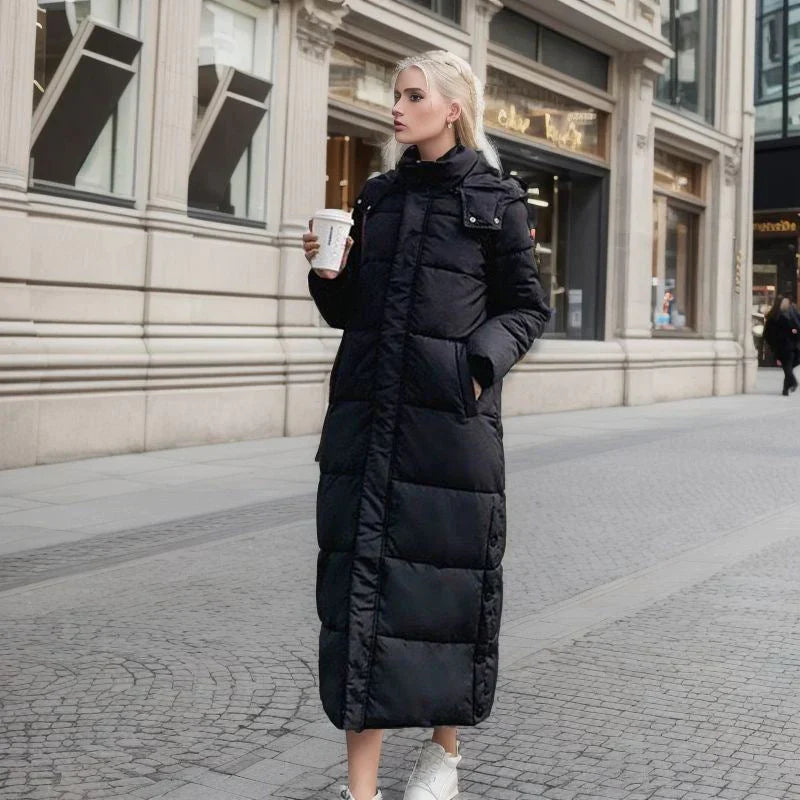 Long padded hooded winter coat jacket for women