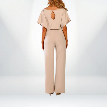 Women's Jumpsuit - Short Sleeve Boat Neck - Tailored Fit Wide-Leg - Belted Waist