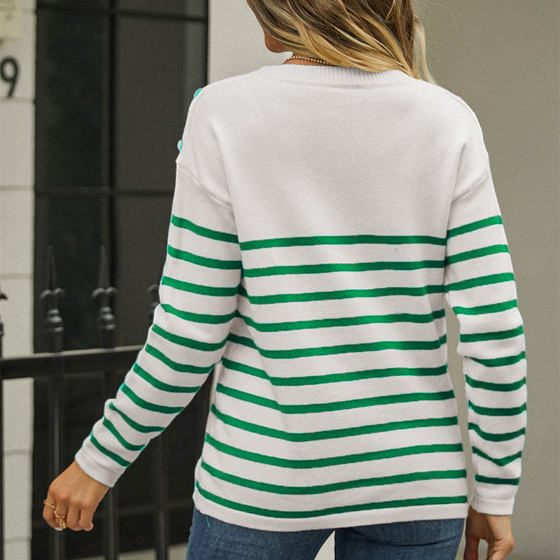 Women's Striped Sweater - Knit Fabric - Crew Neck - Long Sleeve - Button Detail