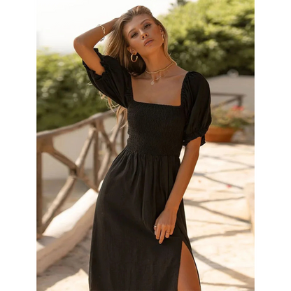 Women’s Off-Shoulder Dress – Smocked Bodice – Puff Sleeves – Side Slit – Elegant Fit