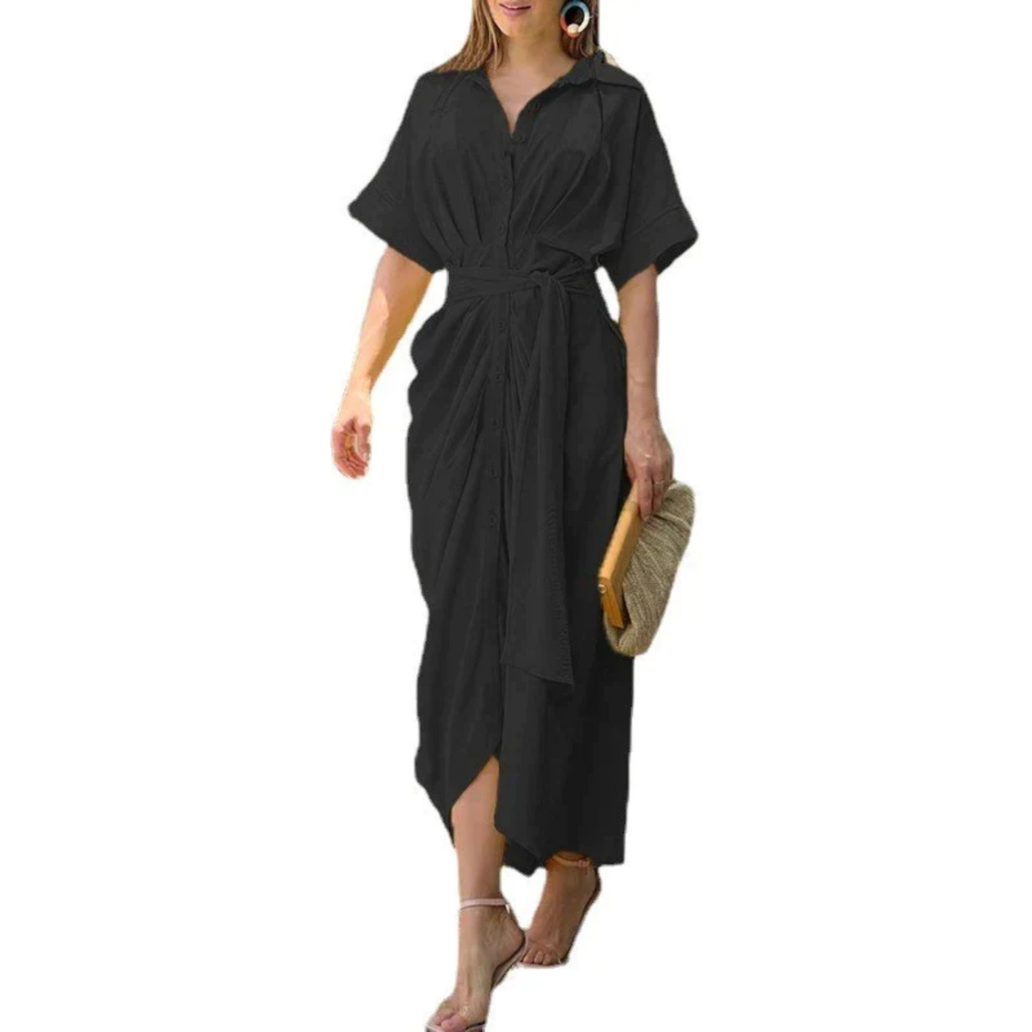 Women's Maxi Dress - Tropical Print - V-Neck - Short Sleeve - Tie Waist - Flowy Elegant