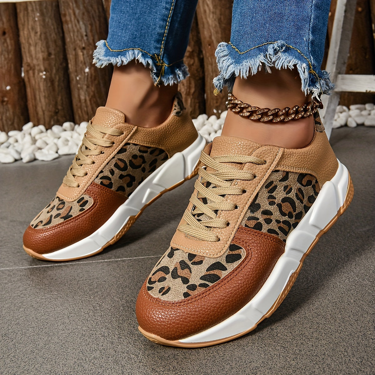 Women's Sneakers - Leopard Print - Chunky Sole - Trendy Casual Lace-Up Shoes
