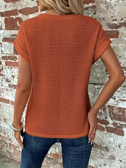 Women's Casual Top - Waffle Knit - Short Sleeve Rolled Cuff - Round Neck Relaxed Fit