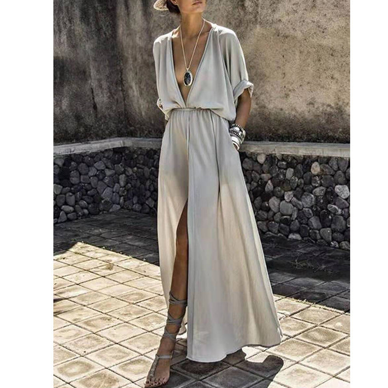 Women’s Maxi Dress – Deep V-Neck – Front Slit – Relaxed Fit – Lightweight Chiffon