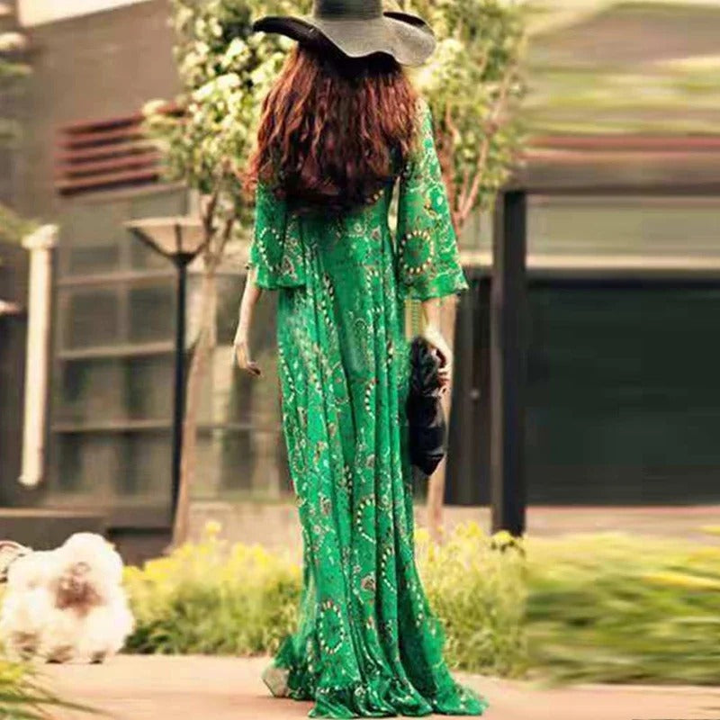 Women's Maxi Dress - V-Neck Bohemian Style - Flowy Loose Fit - 3/4 Sleeve Elegant Wear
