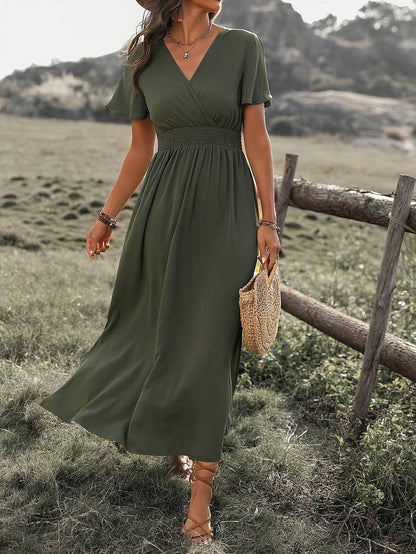 V-neck short sleeve smocked waist maxi dress for women