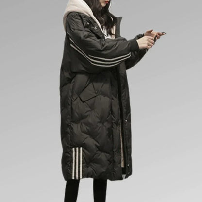 Women's black hooded knee-length winter jacket