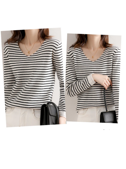 Women's V-Neck Sweater - Soft Knit - Fitted Long Sleeve - Striped Casual Wear