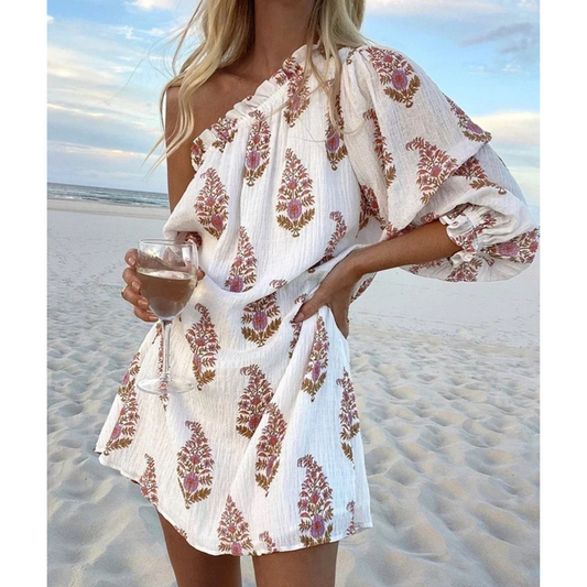 Breathable Floral Print One-Shoulder Dress