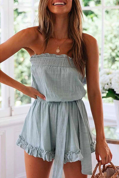 Women's Strapless Romper - Elastic Neckline - Tie Waist - Ruffled Hem - Lightweight