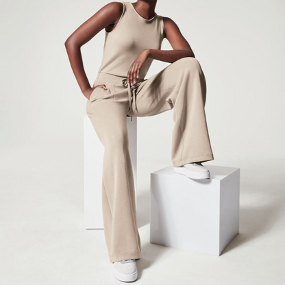Women's Two-Piece Set - Sleeveless Fitted Top & Wide-Leg Pants - High Waist Adjustable Fit