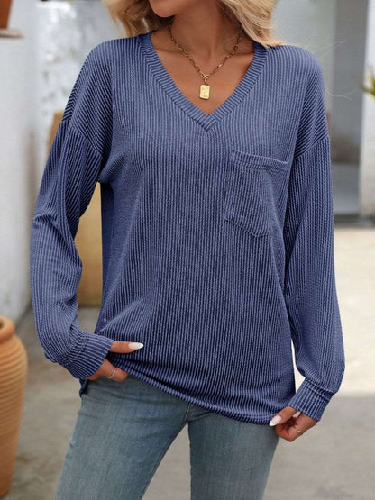 Women's V-Neck Sweater - Textured Knit - Long Sleeve - Relaxed Fit - Chest Pocket