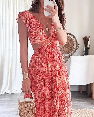 Ruffled Sleeve Flowy A-Line Maxi Dress