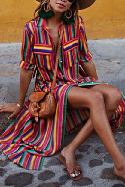Women's Maxi Dress - Button Down - Collared Neck - Short Sleeve - Striped Flowing Fit