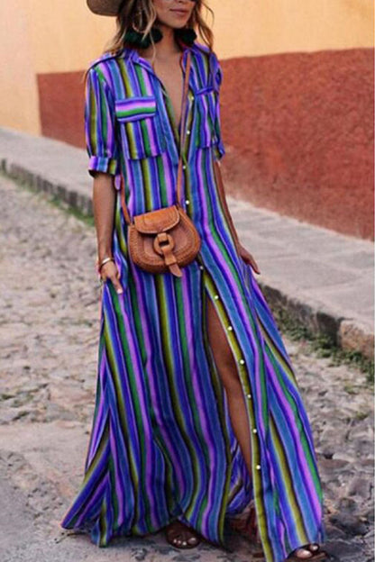 Women's Maxi Dress - Button Down - Collared Neck - Short Sleeve - Striped Flowing Fit