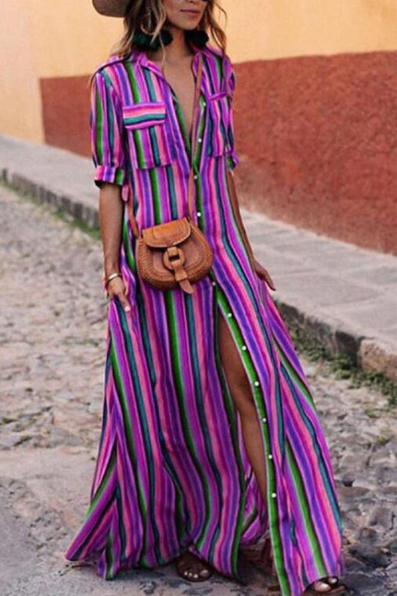 Women's Maxi Dress - Button Down - Collared Neck - Short Sleeve - Striped Flowing Fit