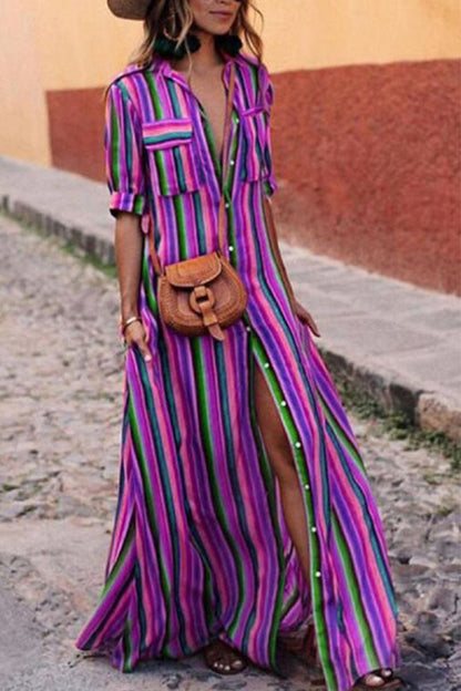 Women's Maxi Dress - Button Down - Collared Neck - Short Sleeve - Striped Flowing Fit