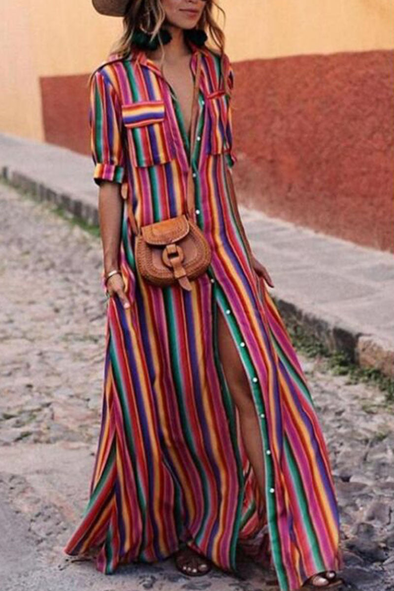 Women's Maxi Dress - Button Down - Collared Neck - Short Sleeve - Striped Flowing Fit