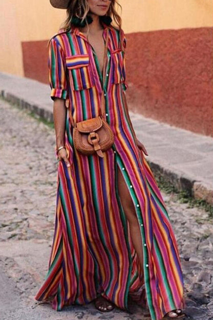 Women's Maxi Dress - Button Down - Collared Neck - Short Sleeve - Striped Flowing Fit