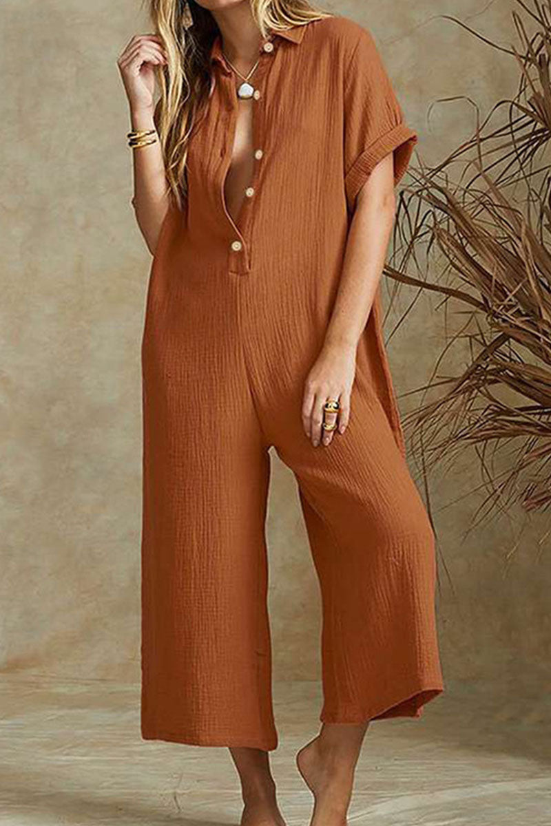 Farah - casual solid turndown collar loose jumpsuit