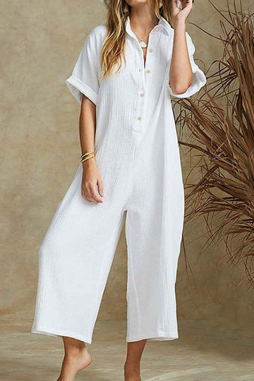 Farah - casual solid turndown collar loose jumpsuit