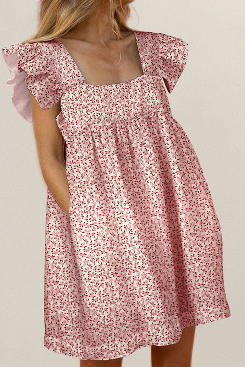 Women's A-Line Dress - Square Neck - Short Ruffled Sleeves - Floral Print Casual Wear