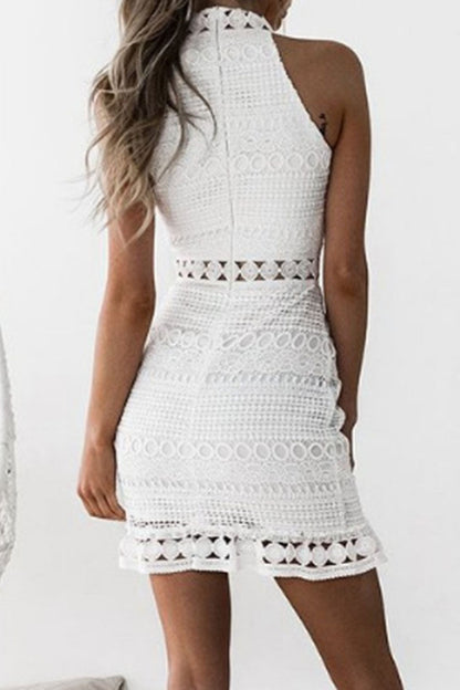 Women's Sleeveless Dress - Halter Neck - Crochet Lace - Bodycon Fit - Mid-Thigh Length
