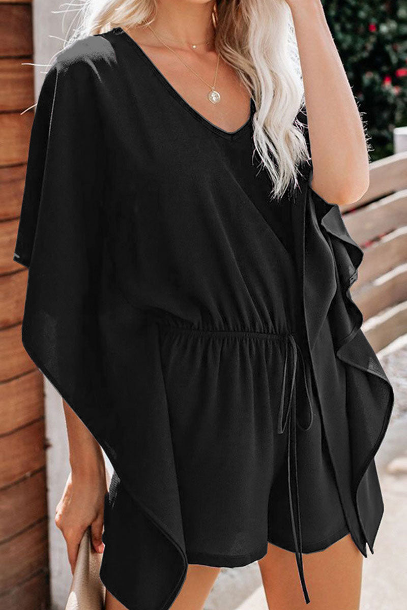 Women's Romper - V-Neck, Elastic Waist, Drawstring - Loose Fit Casual Jumpsuit