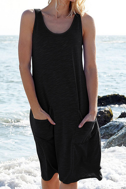 Women's Sleeveless Casual Dress - Loose Fit - Scoop Neck - Knee-Length with Pockets