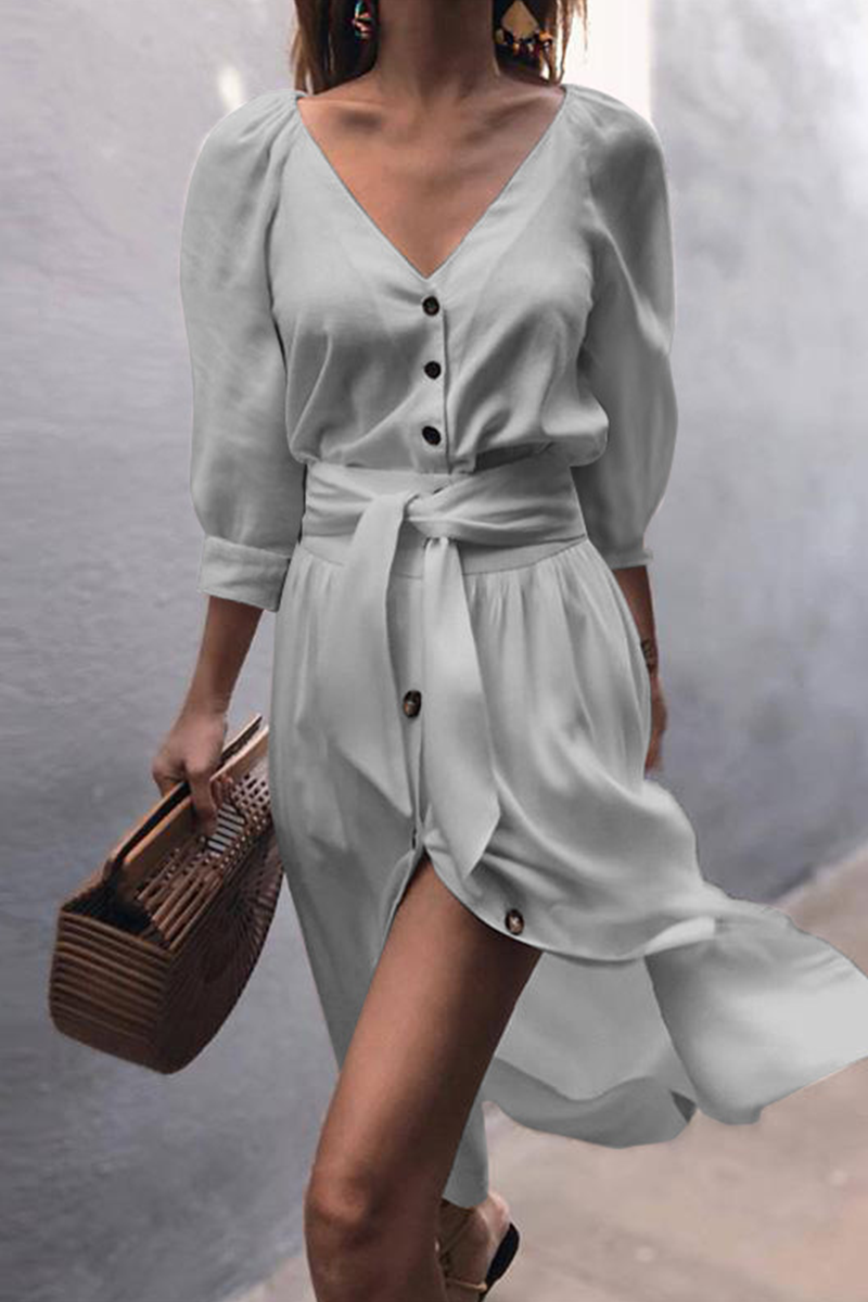 Women's V-Neck A-Line Dress - Button Down - Puff Sleeve - Waist Tie - High Slit
