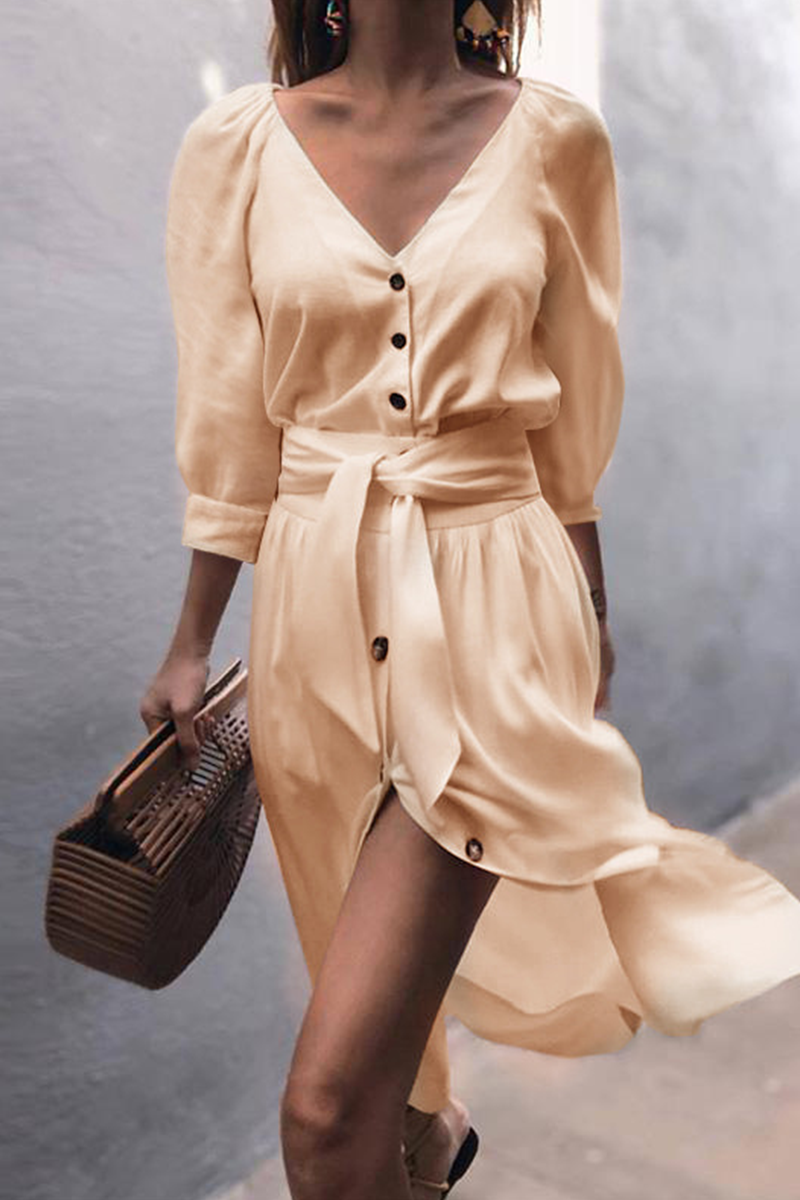 Women's V-Neck A-Line Dress - Button Down - Puff Sleeve - Waist Tie - High Slit