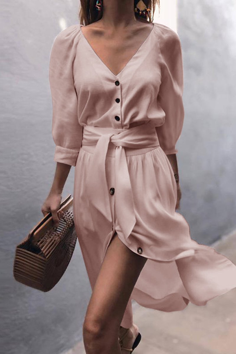 Women's V-Neck A-Line Dress - Button Down - Puff Sleeve - Waist Tie - High Slit