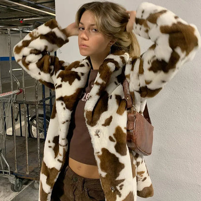 Women's cow print plush coat