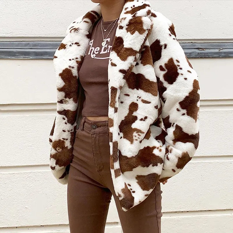 Women's cow print plush coat