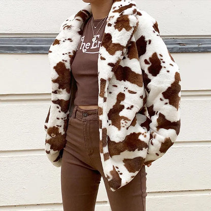 Women's cow print plush coat