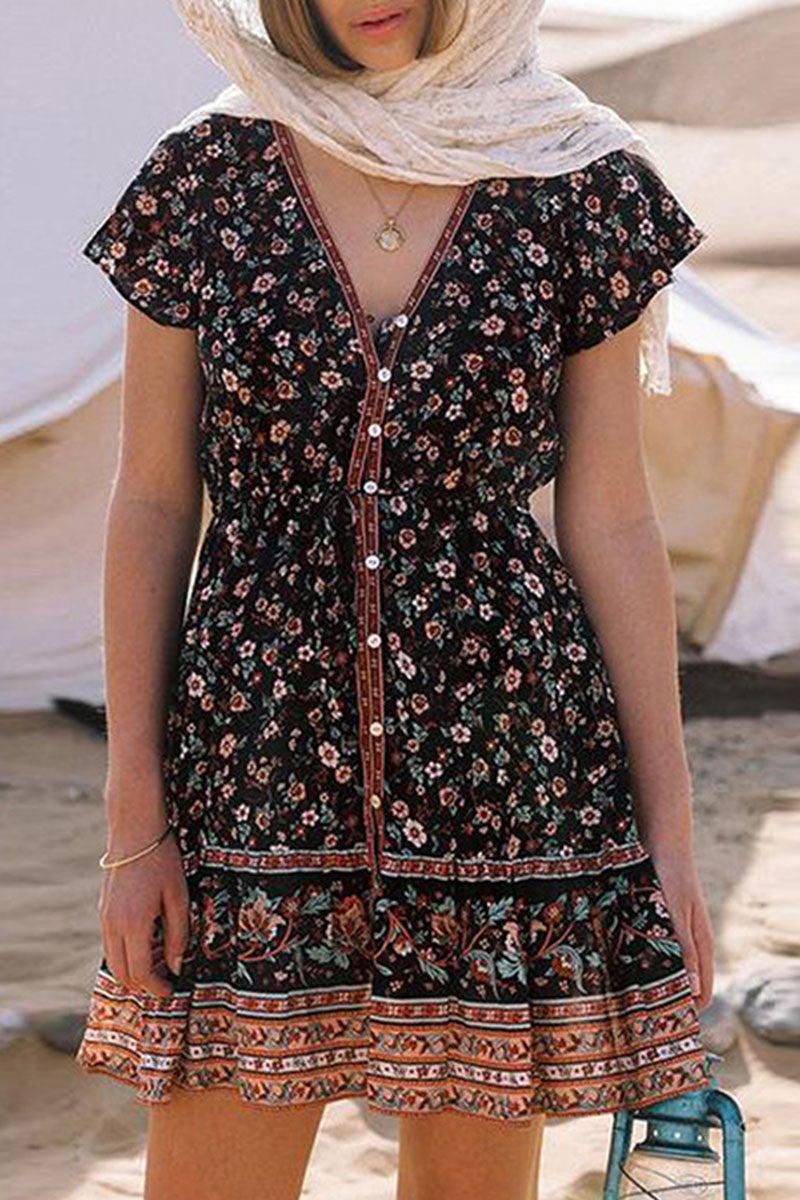 Women's V-Neck A-Line Dress - Floral Print - Short Sleeve - Adjustable Waist