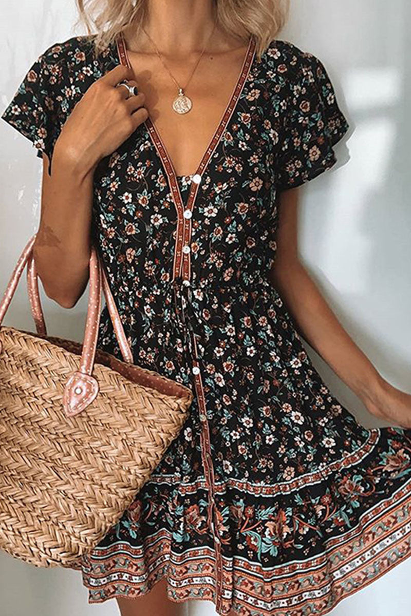Women's V-Neck A-Line Dress - Floral Print - Short Sleeve - Adjustable Waist