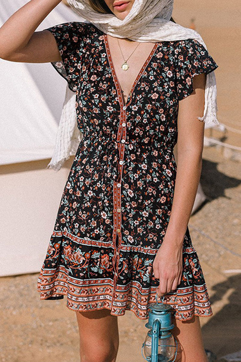 Women's V-Neck A-Line Dress - Floral Print - Short Sleeve - Adjustable Waist