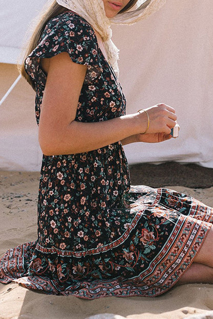 Women's V-Neck A-Line Dress - Floral Print - Short Sleeve - Adjustable Waist