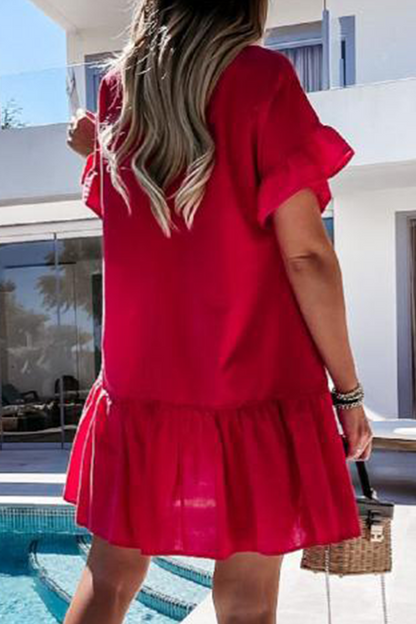 Women's A-Line Dress - Lightweight Breathable Fabric - Puff Sleeve V-Neck with Tassels