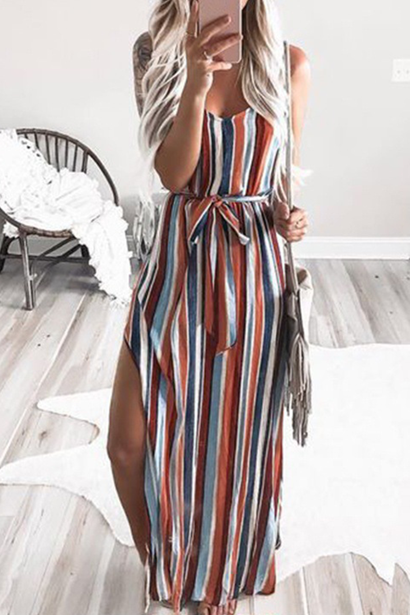 Women's Maxi Dress - Sleeveless V-Neck - Striped Pattern - Waist Tie Belt - Side Slit
