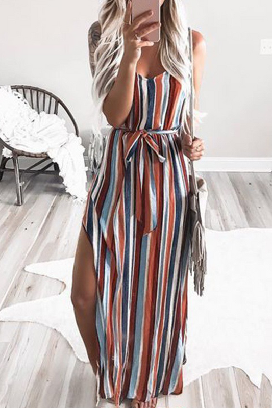 Striped Waist Tie Side Slit Maxi Dress