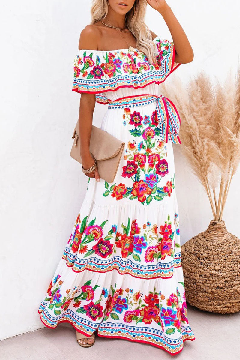 Women's Off-Shoulder Maxi Dress - Floral Print - Ruffled Overlay - Belted Waist